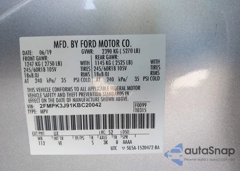 2019 Ford Edge Sel z USA, uszkodzony, nr VIN 2FMPK3J91KBC20042